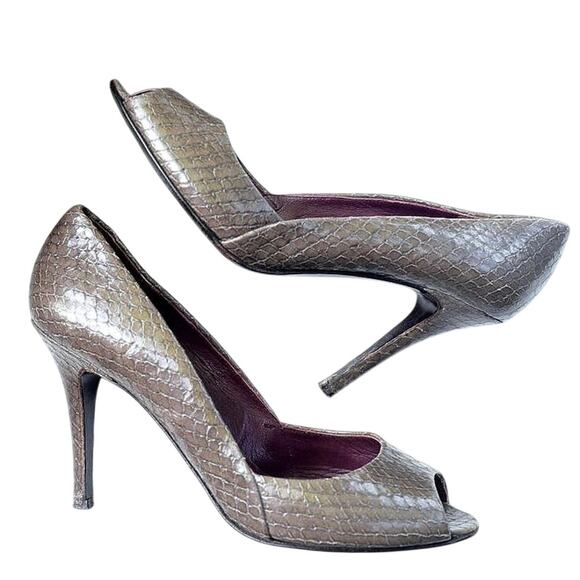 MAX MARA Taupe Snake Embossed Peep Toe Heels | Italian Leather Elegance | EUC - Picture 1 of 13